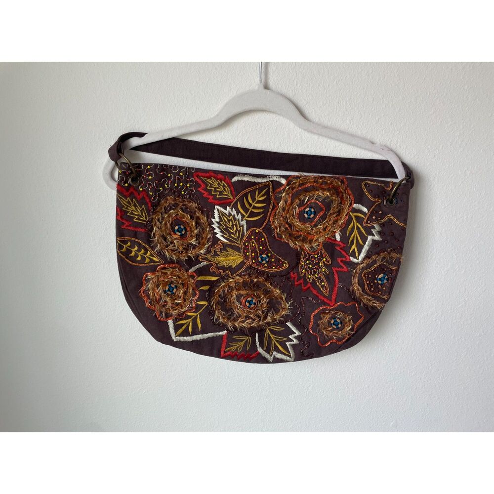 Autumn Themed Embroidered Hobo Bag Vintage Fairy Grunge Brown Shoulder Purse